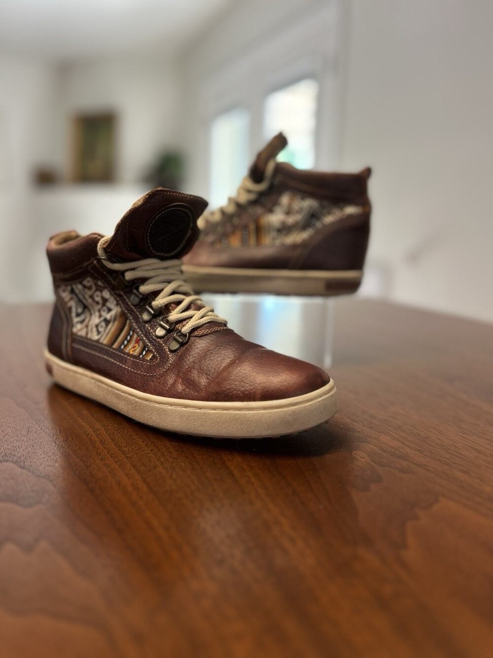 Inkkas Brown Leather Camping Boots High Top Peruvian Artisan Fabric Men Size 7